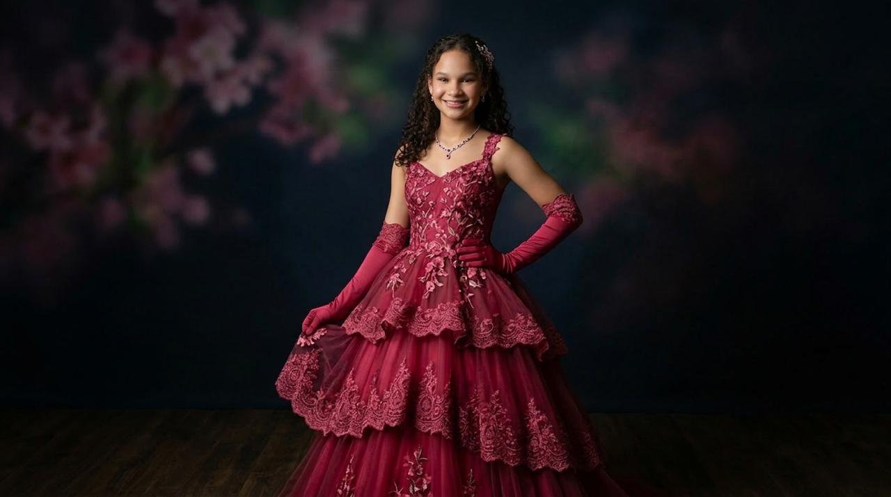 Ana com vestido de debutante vermelho vinho