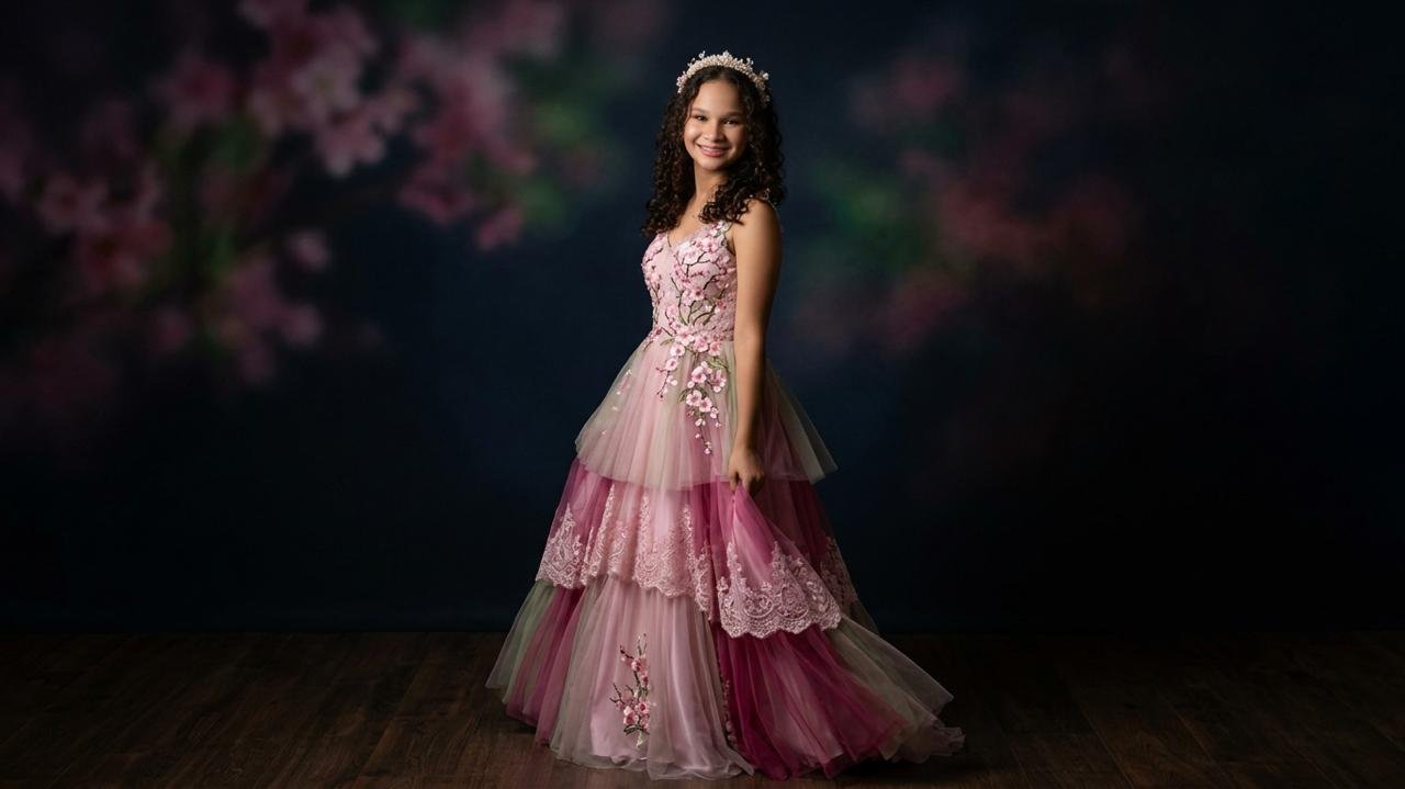 Ana com vestido vermelho e cerejeiras